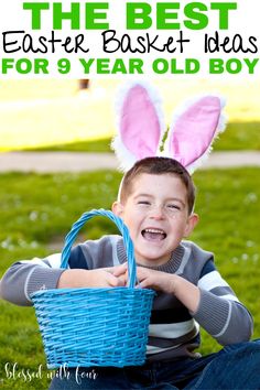 a young boy wearing bunny ears and holding a basket with an easter egg in it