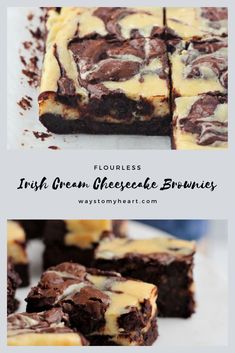 chocolate brownies with cream cheesecake swirls on top and below the words flourless irish cream cheesecake brownies