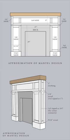 the plans for a fireplace surround are shown in three different sizes and colors, including white