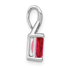 A dazzling rectangle-cut natural ruby gemstone is topped by trios of shimmering diamond accents in this glamorous women's necklace charm, fashioned in 14K white gold. Red Baguette Cut Diamond Accent Jewelry, Red Rectangular Jewelry With Polished Finish, White Gold Ruby Jewelry With Baguette Cut, White Gold Ruby Jewelry In Baguette Cut, White Gold Ruby Jewelry Baguette Cut, White Gold Ruby Baguette Cut Jewelry, Rectangular Silver Ruby Jewelry, Red Emerald-cut Diamond Accented Jewelry, Rectangular Ruby Jewelry In Silver