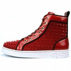 Encore by Fiesso Red Fashion High Top Sneakers with Spikes FI 2364 PU Faux Leather Upper, PU Lining and Rubber Sole Shiny croco print Trim Shiny Laces Spikes in the front and sides of the shoes comfortable padded insole White Bottoms Can be worn with Jeans Red Lace-up High-top Sneakers For Spring, Red Casual High-top Sneakers With Perforations, Red Leather High-top Sneakers With Perforations, Casual Red High-top Sneakers With Perforations, Red High-top Sneakers With Round Toe For Spring, Red High-top Sneakers For Spring, Spring Red Lace-up High-top Sneakers, Red Synthetic Sneakers With Studded Rubber Outsoles, Red Synthetic Sneakers With Studded Outsoles