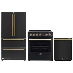 an oven, refrigerator and dishwasher in black with gold trimmings on the doors