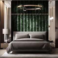 a modern bedroom with green velvet walls