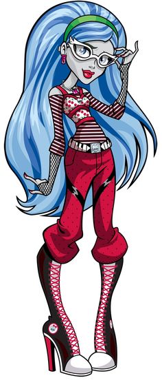 a cartoon girl with long blue hair and glasses on her head, wearing high heels