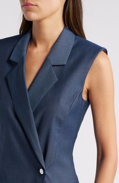 Enjoy the blazer-inspired look of this sophisticated dress cut from rich virgin wool and framed by crisp notched lapels. 43" length One-button closure Notched lapels Sleeveless Lined 100% virgin wool Dry clean Made in Turkey Classic V-neck Blazer Dress For Semi-formal, Chic V-neck Jacket Dress For Formal Occasions, Classic V-neck Semi-formal Suits, Classic V-neck Suits For Semi-formal Occasions, Elegant Blazer Dress With Pressed Crease, Structured Boning Blazer Dress For Office, Elegant Office Blazer Dress With Structured Boning, Classic Fitted V-neck Blazer Dress, Elegant Blazer Dress With Notch Lapel And Structured Boning