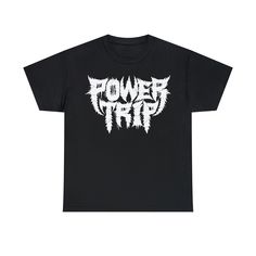 Black Power Trip t-shirt with the Power Trip logo printed in white on the front. Premium unisex 100% cotton t-shirt. Power Trip is an American crossover thrash band formed in Dallas, Texas, in 2008. By 2020, Power Trip's lineup consisted of Riley Gale, Blake Ibanez, Nick Stewart, Chris Whetzel and Chris Ulsh; the latter replaced drummer Marcus Johnson, who left in 2009. The quintessential classic cotton t-shirt, this Gildan Heavyweight Tee is the centerpiece for any combination of t-shirt basics. You can find what you're looking for, with a visually stimulating array of more than 60 colors to choose from. 100% preshrunk cotton means the size and style will remain true after laundering. Points of wear, like the neckline, sleeves and bottom hem, are double-needle stitched for added durabilit White Cotton Shirt With Band Logo, White Band Logo Graphic Tee, White Pre-shrunk Punk T-shirt, Edgy Cotton T-shirt With Logo Print, Edgy White T-shirt With Logo Print, White Punk Style Pre-shrunk T-shirt, White Punk Top With Band Logo, White Punk Band Logo T-shirt, White Band Logo T-shirt For Streetwear