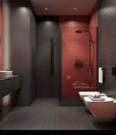 a bathroom with two sinks, a shower and a large red tiled wall in it