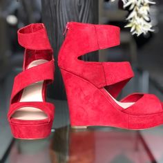 Gorgeous Red Suede Platform Heels! Never Worn! Excellent Condition Red Wedge Heels With 4-inch Heel, Red Wedge Heel Spring Shoes, Red Wedge Heels For Spring, Red Wedge Heels With Heel Loop, Bold Red Closed Toe Heels, Bold Red Heels For Spring, Red Wedge Heels With Stacked Heel, Red Wedge Heels For Party, Red Wedge Heels For Evening