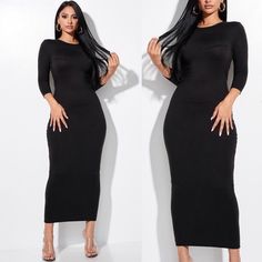 Black Quarter Sleeve Bodycon Midi Dress With Cutout Back *Solid Color Not Two Toned* Black Bodycon Maxi Dress For Going Out, Black Maxi Bodycon Dress For Club, Black Maxi Bodycon Dress For Night Out, Midi Dress Bodycon, Quarter Sleeve, Midi Dress, Solid Color, Womens Dresses, Dresses