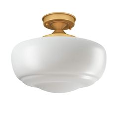 a light fixture with a white glass shade on the top and gold trimmings