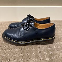 My Grandma Gave Me Her Vintage Collection Of Docs To Help Sell! These Fit Me Perfectly And I Am A U.S. Women’s 8.5 Or Eu 39 Classic Blue Slip-on Oxfords, Blue Leather Closed Toe Oxfords, Blue Wingtip Oxfords With Stitched Sole, Blue Plain Toe Dress Shoes With Stitched Sole, Blue Leather Lace-up Shoes With Textured Sole, Blue Low-top Dress Shoes With Branded Insole, Classic Blue Leather Lace-up Shoes, Blue Lace-up Leather Shoes With Textured Sole, Blue Low-top Dress Shoes For Business