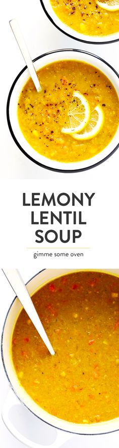 two bowls of lemony lentil soup with spoons in them and the same bowl