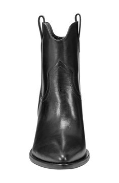 Timeless Western-inspired details define a versatile day-to-night boot given just-right height by a chunky stacked heel. 2 1/2" heel 4" shaft Leather upper/synthetic lining and sole Imported Moto Boots With Stacked Heel And Snip Toe, Edgy Boots With Stacked Heel, Wide Calf Stacked Heel Moto Ankle Boots, Wide Calf Ankle Moto Boots With Stacked Heel, Edgy Heeled Boots With Stacked Block Heel, Western Style Black Heeled Boots With Block Heel, Edgy Heeled Boots With Stacked Heel, Western Black Heeled Boots With Block Heel, Western Style Black Mid-calf Boots With Wide Calf