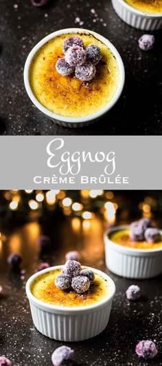 eggnog creme brulee with blueberries in the middle and on top