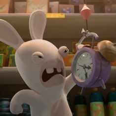 an animated rabbit holding up a clock in a store