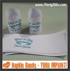 two cups sitting next to each other on top of a piece of paper that says narkin bands - your imprint?