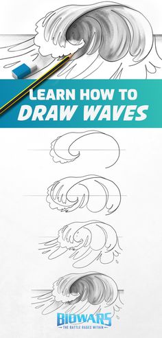 A collage of images depicting hte process of wave drawing. Wave Sketch Pencil, Ocean Waves Drawing Pencil, Drawing Waves Ocean, How To Draw The Ocean Step By Step, How To Draw Waves Step By Step, How To Draw Ocean Waves, Water Wave Drawing, How To Draw Waves Easy, Ocean Waves Drawing Simple