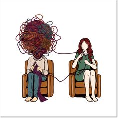 two women sitting on chairs with yarn in their hair