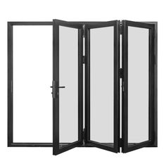 an open black folding screen door on a white background