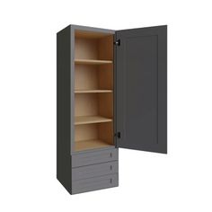 an empty gray cabinet with shelves and doors