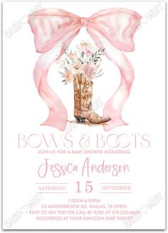 the cowboy boots baby shower is shown with pink ribbon and flowers