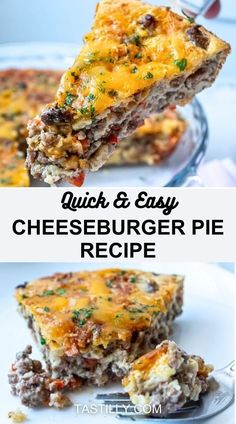 two pictures of cheeseburger pie on a plate