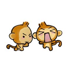 two cartoon monkeys with their mouths open, one is biting the other's teeth