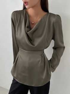 DAZY Women's Puff Long Sleeve Blouse With Cowl Collar Long Sleeve Solid Color Blouse For Party, Solid Color Long Sleeve Party Blouse, Solid Color Puff Sleeve Top For Party, Formal Puff Sleeve Tops For Fall, Fall Party Blouse In Solid Color, Elegant Solid Color Party Tops, Fitted Solid Color Elegant Blouse, Long Sleeve Padded Blouse For Evening, Long Sleeve Solid Color Party Tops