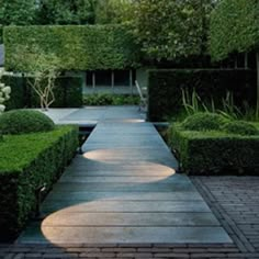 an outdoor walkway surrounded by hedges and trees