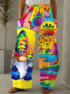 Fun Multicolor Pants For Spring, Fun Multicolor Spring Pants, Summer Multicolor Cartoon Print Bottoms, Summer Cartoon Print Multicolor Bottoms, Trendy Multicolor Festival Pants, Multicolor Printed Harem Pants For Summer, Trendy Multicolor Printed Pants, Multicolor Printed Hippie Bottoms, Casual Bottoms With Cartoon Print For Spring