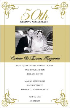 an elegant 50th anniversary party card with the image of a bride and groom in their car