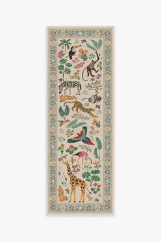 a wall hanging with animals and plants on the front, along with an animal - themed border