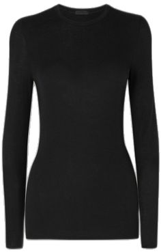 Fine Knit Stretch Crew Neck T-shirt, Black Turtleneck Top With Ribbed Neckline, Sleek Long Sleeve Viscose Tops, Sleek Crew Neck Top With Minimal Stretch, Sleek Black Turtleneck Top, Fine Knit Crew Neck Top With Minimal Stretch, Black Crew Neck Top With Minimal Stretch, Fitted Crew Neck Sleek Tops, Fitted Crew Neck Tops In Sleek Style