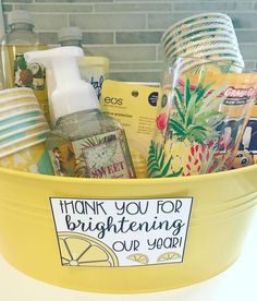 a yellow bucket filled with personal care items