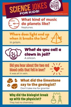 the science jokes for kids poster with four different types of words and pictures on it