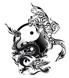 a black and white tattoo design with two dragon on it's back, one in the