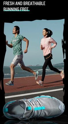 a man and woman running on the beach with water in the background, text reads fresh and breathable running free