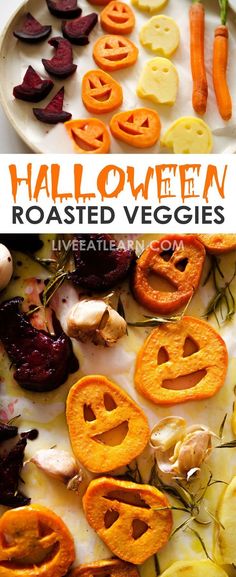 halloween roasted veggies on a plate with text overlay