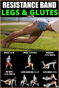 an advertisement for resistance band legs and glutes, showing the different positions to do