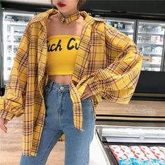 Aesthetic Plaid, Harajuku Shirt, Aesthetic Clothing Stores, Plaid Shirt Women, Blouses Women, Clothes Korean Style, Plaid Shirts, Cardigan Vintage, Blue Yellow Red