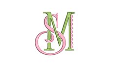 the letter m is made up of pink and green letters with scalloped edges