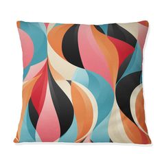 an orange, blue and pink pillow with wavy shapes on the front is featured against a white background