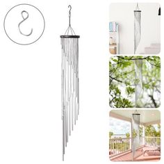 three pictures with the same wind chime hanging from it's side, and one has