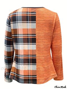 Olivia Mark - Plaid Color Block Button Decor T-shirt, Casual Long Sleeve T-shirt, Women's Clothing Orange Patchwork Crew Neck Top, Fitted Orange Patchwork Top, Block Button, Button Decor, Fall Care, Elegant Fabric, T Shirt Women, Style Elegant, Olivia Mark