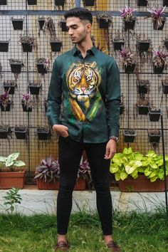 Olive green shirt with placed handpainted tiger motif in the center. - Aza Fashions Smart Outfits, Olive Green Shirt, Wild Tiger, Smart Outfit, Green Shirt, In The Wild, Green Man, Green Cotton, Shirt Pattern