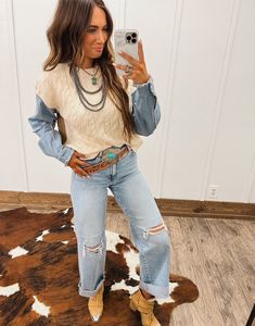 Denim Ways Knit Sweater(Ivory) – theFRINGEDpineapple Punchy Fall Outfits, Denim Sleeves, Western Stuff, Nfr Fashion, Cowgirl Look, Cable Knit Pattern, Knit Pattern, Western Outfits, Uganda