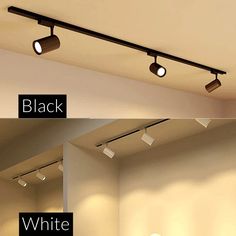 three different types of lighting fixtures in a room with white walls and black lights on the ceiling