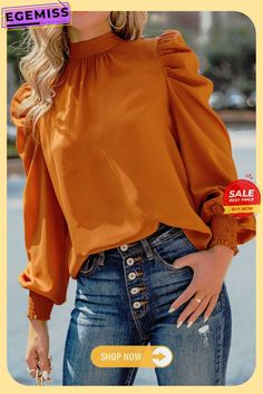 Fashion Elegant Solid Fold Strap Design Half A Turtleneck Tops Statement Sleeves Blouse, Puff Sleeves Blouse, Statement Sleeves, Mini Robes, Puff Sleeve Blouse, Cute Simple Outfits, Long Sleeve Casual, High Collar, Christmas Seasons