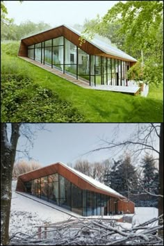 two different views of a house in the snow and on the ground, one with glass windows