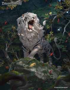 a white tiger standing on top of a lush green forest